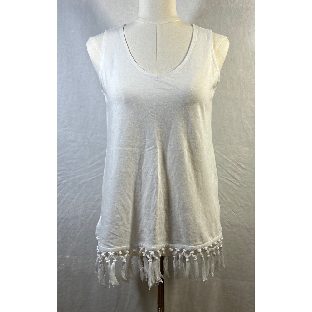 J. Jill White Fringe Hem Tank Top Petite Small‎ Boho Festival Coastal Summer